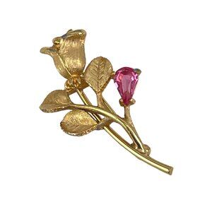 Avon Retro Gold Tone Rose Brooch With Pink Rhinestone Accent 2"